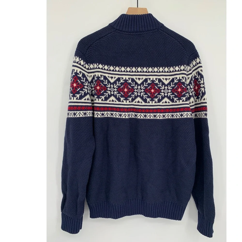 IZOD Sweater Mens XL Blue Red Nordic Fair Isle Thick Cotton Knit 1/4 Zip Ski